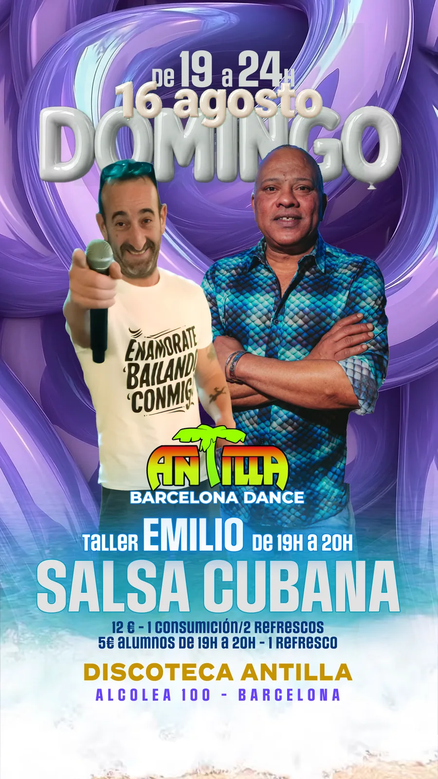 Cartel del evento del domingo 16 de agosto en Antilla Discoteca